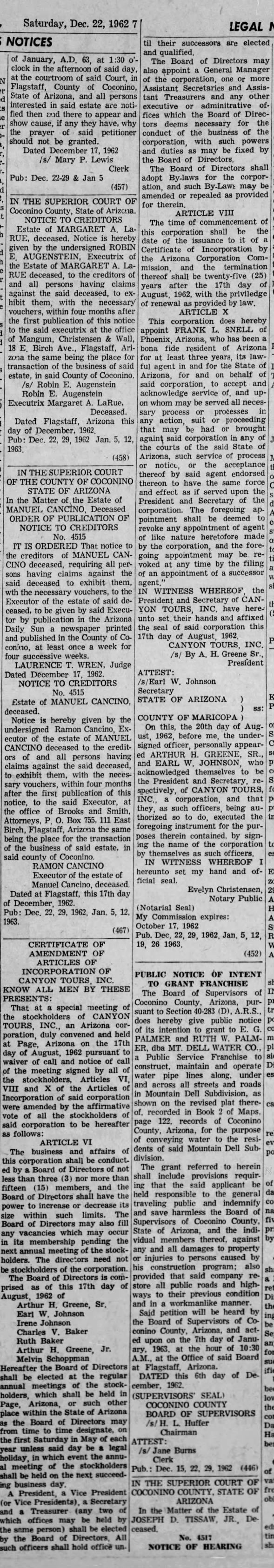 Articles of Incorporattion for Amendment of Canyon Tours Inc. Dec. 22, 1962